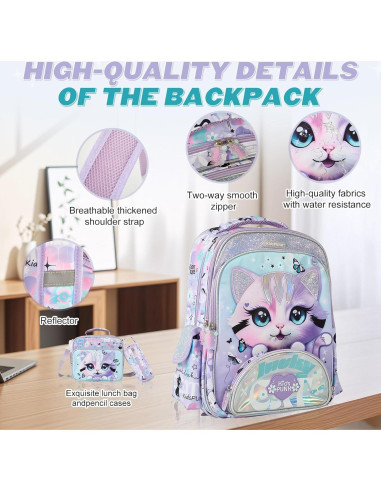 Mochila Escolar Niñas Kawali Gato Púrpura 16L Ergonómica