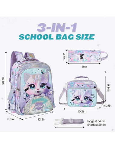 Mochila Escolar Niñas Kawali Gato Púrpura 16L Ergonómica