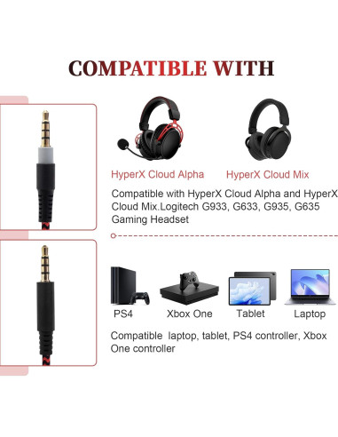 Cable de audio trenzado Hizsoaor 1.98m 3.5mm para HyperX y Logitech