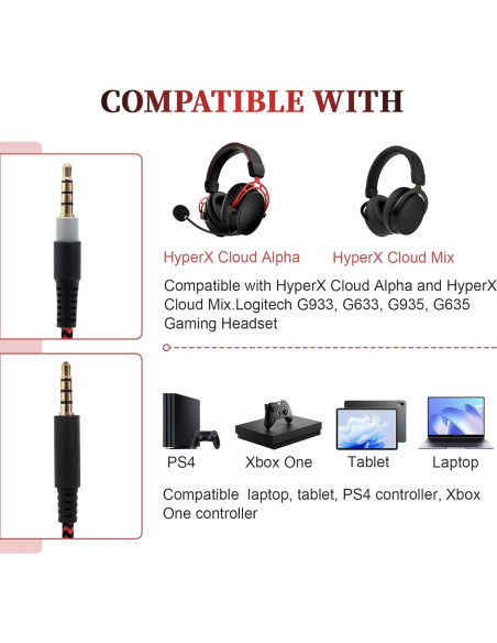 Cable de audio trenzado Hizsoaor 1.98m 3.5mm para HyperX y Logitech