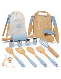 Juego de Cocina de Madera Montessori Biticolor 15 Piezas Azul