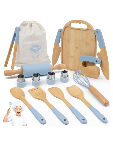 Juego de Cocina de Madera Montessori Biticolor 15 Piezas Azul