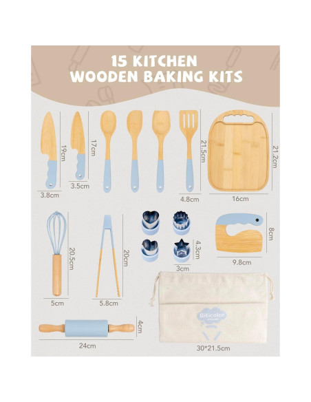 Juego de Cocina de Madera Montessori Biticolor 15 Piezas Azul