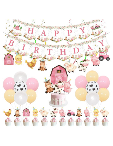 Kit de Decoraciones de Cumpleaños de Granja Rosa KREATWOW 68 Piezas