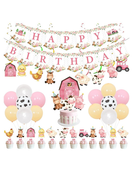 Kit de Decoraciones de Cumpleaños de Granja Rosa KREATWOW 68 Piezas Kit de Decoraciones de Cumpleaños de Granja Rosa KREATWOW 68 Piezas