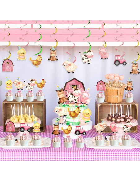Kit de Decoraciones de Cumpleaños de Granja Rosa KREATWOW 68 Piezas Kit de Decoraciones de Cumpleaños de Granja Rosa KREATWOW 68 Piezas