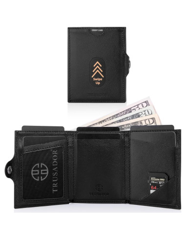 Billetera de Cuero Compacta TRUSADOR Valencia Unisex RFID Negra