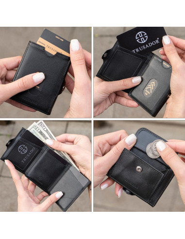 Billetera de Cuero Compacta TRUSADOR Valencia Unisex RFID Negra