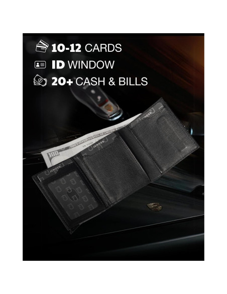 Billetera Inteligente Jenoss Eclipse para Hombres - Cuero Saffiano, RFID, 12 Tarjetas, Negro Carbón
