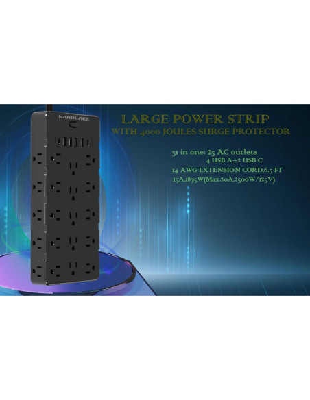 Protector de Sobretensión Nanolake 25 Salidas AC 6 USB 4000J