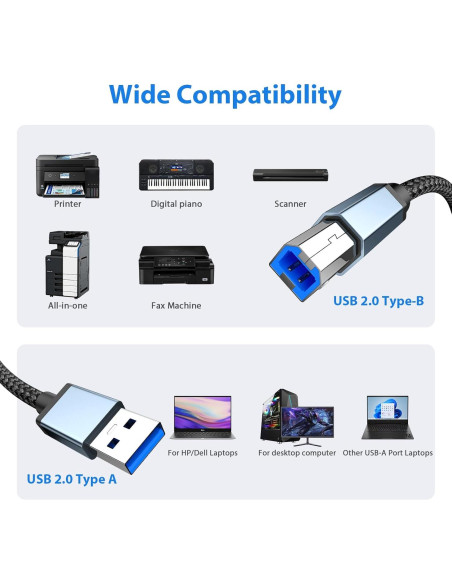 Cable de Impresora USB A a USB B 10 pies AIAUXAI