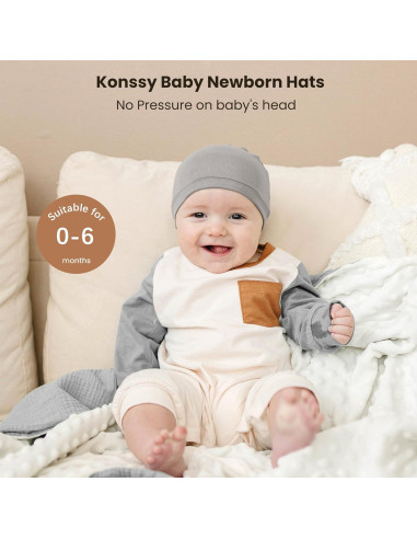 Konssy Paquete de 6 Gorras Beanie Suaves para Bebés 0-6 Meses