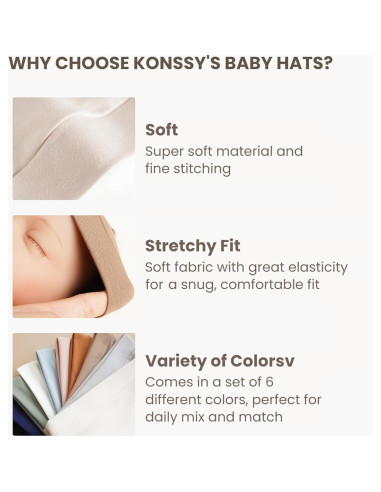 Konssy Paquete de 6 Gorras Beanie Suaves para Bebés 0-6 Meses