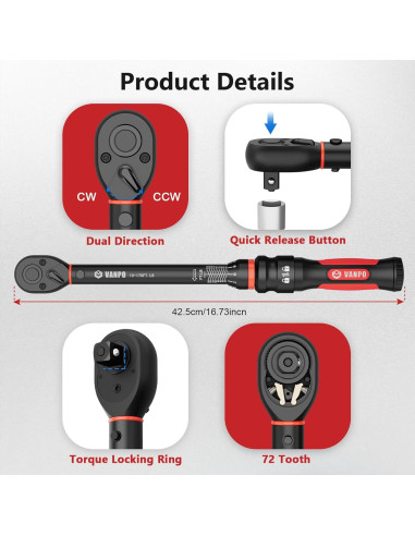 Llave de Torque 1/2" VANPO VP4-170, 13.6-230.5Nm, 72 Dientes