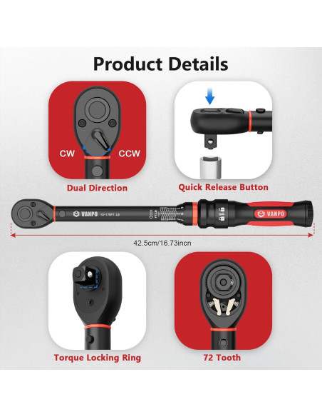 Llave de Torque 1/2" VANPO VP4-170, 13.6-230.5Nm, 72 Dientes