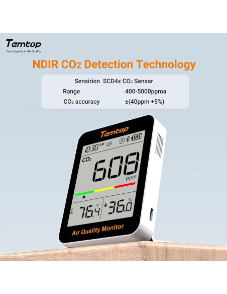 Temtop Monitor de CO2 Portátil con Pantalla LCD y App BLE