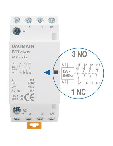 Contactor Modular 12V AC Baomain BCT-16/31-16A 4 Polos