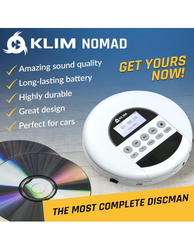 Reproductor de CD Portátil KLIM Nomad Blanco con Bluetooth y Auriculares