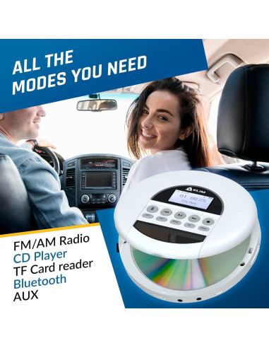 Reproductor de CD Portátil KLIM Nomad Blanco con Bluetooth y Auriculares