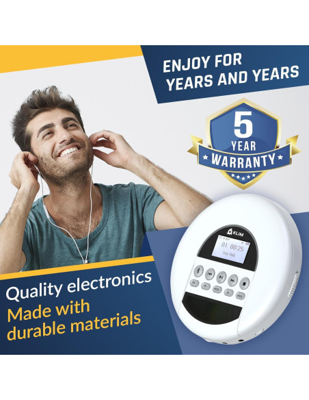 Reproductor de CD Portátil KLIM Nomad Blanco con Bluetooth y Auriculares