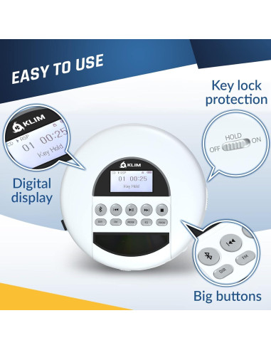 Reproductor de CD Portátil KLIM Nomad Blanco con Bluetooth y Auriculares