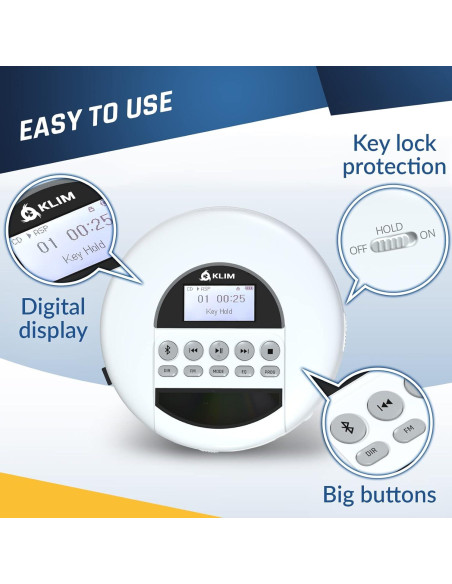 Reproductor de CD Portátil KLIM Nomad Blanco con Bluetooth y Auriculares