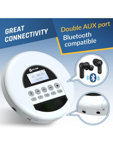 Reproductor de CD Portátil KLIM Nomad Blanco con Bluetooth y Auriculares