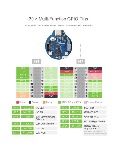 Placa MCU Waveshare RP2350 con LCD 1.28" 240x240 IPS