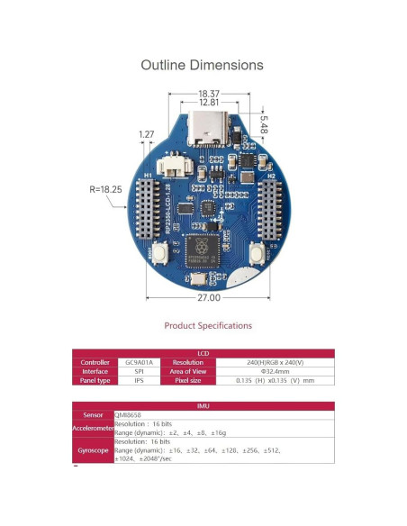 Placa MCU Waveshare RP2350 con LCD 1.28" 240x240 IPS Placa MCU Waveshare RP2350 con LCD 1.28" 240x240 IPS