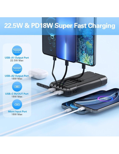 Banco de Energía Solar 33800mAh Carga Rápida 22.5W Negro