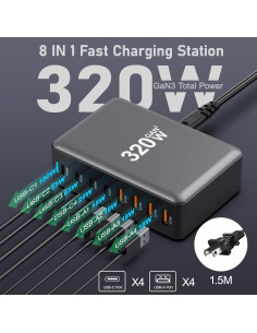 Cargador USB C 320W NXPGKEA Estación de Carga Rápida 8 Puertos 2