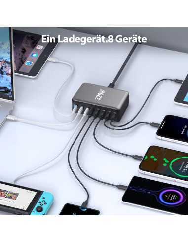 Cargador USB C 320W NXPGKEA Estación de Carga Rápida 8 Puertos
