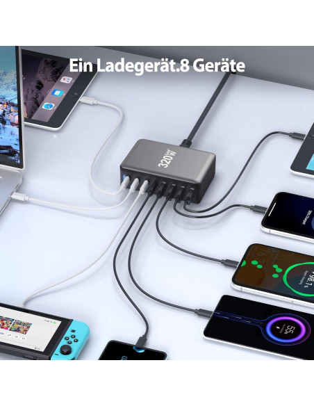 Cargador USB C 320W NXPGKEA Estación de Carga Rápida 8 Puertos
