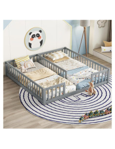 Cama Montessori Doble Twin Gris de Madera de Pino con Barandillas