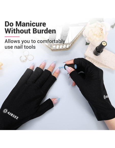 Guantes UV AIRSEE para manicura UPF50+ - Protección Solar Negra