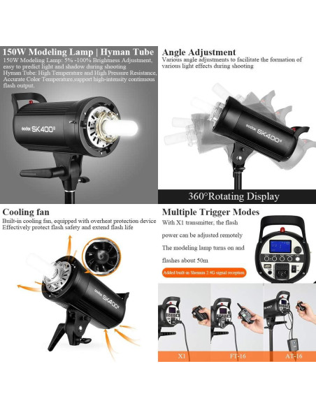 Flash Estroboscópico Godox SK400II 400W GN65 5600K para Estudio