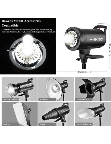 Flash Estroboscópico Godox SK400II 400W GN65 5600K para Estudio