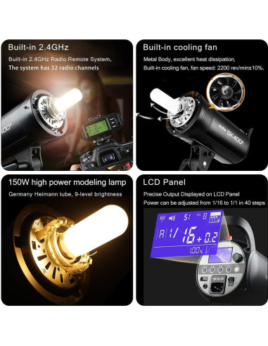 Flash Estroboscópico Godox SK400II 400W GN65 5600K para Estudio