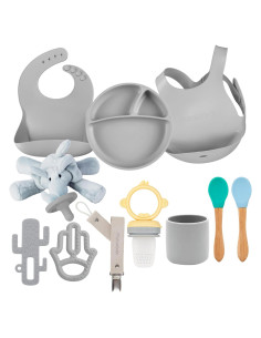 Conjunto de Alimentación de Silicona MinikOiOi Gris - Baberos, Mordedor, Plato