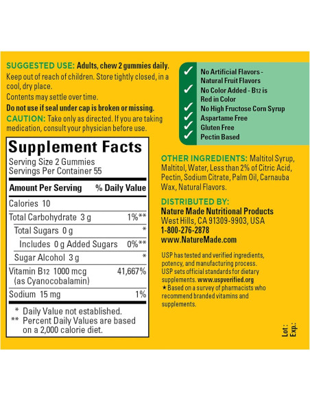 Gominolas de Vitamina B12 Nature Made Sin Azúcar 1000 mcg 110 Unidades Gominolas de Vitamina B12 Nature Made Sin Azúcar 1000 mcg 110 Unidades