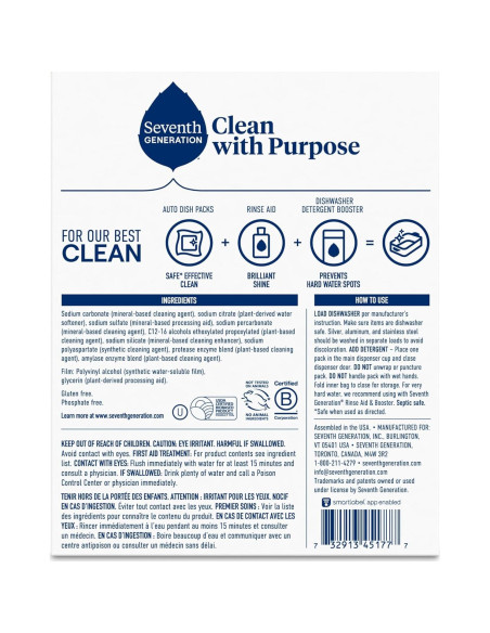 Detergente Natural para Lavavajillas Seventh Generation 45 Unidades - Aroma Libre y Claro