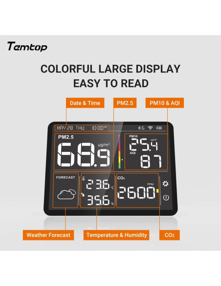 Monitor de Calidad del Aire Temtop M100 8-en-1 PM2.5 CO2 T&H