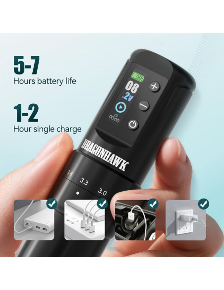 Máquina de Tatuaje Dragonhawk Atom2 Pro Sin Cable 7 Golpes