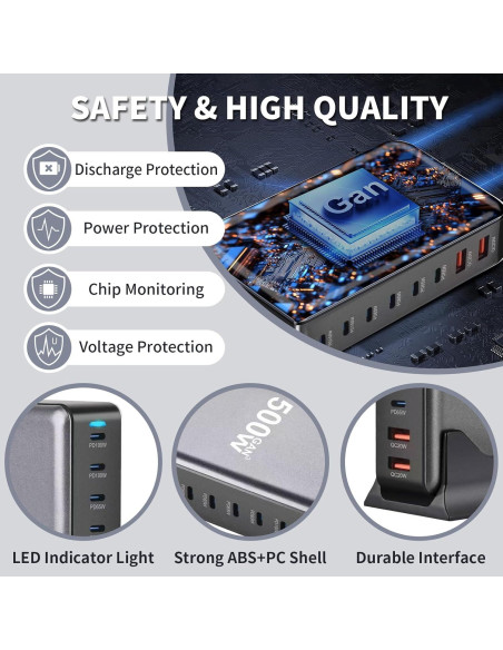Estación de Carga Rápida USB-C 500W 8 Puertos KUANTEN