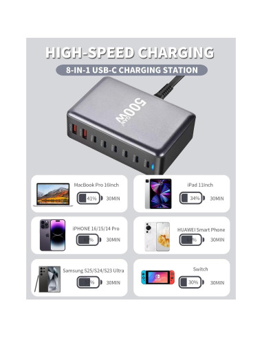 Estación de Carga Rápida USB-C 500W 8 Puertos KUANTEN