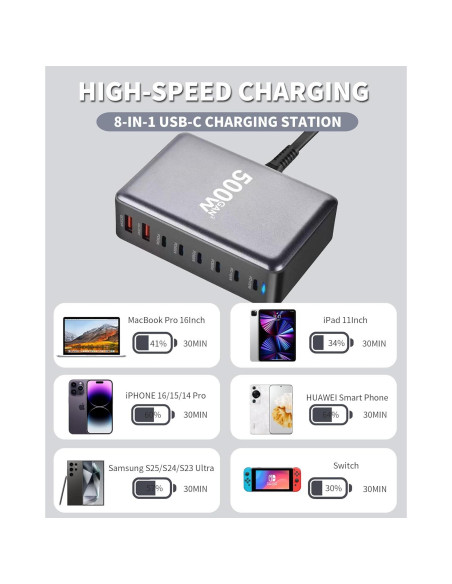 Estación de Carga Rápida USB-C 500W 8 Puertos KUANTEN