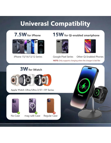 Cargador Inalámbrico 2 en 1 2C2Y MagSafe 15W para iPhone y Apple Watch