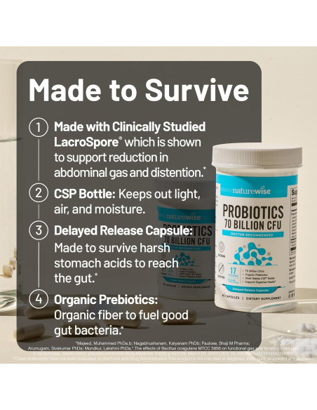 NatureWise Probióticos 70 Mil Millones CFU - 17 Cepas + Prebióticos - 30 Cápsulas