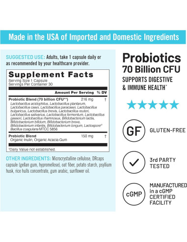NatureWise Probióticos 70 Mil Millones CFU - 17 Cepas + Prebióticos - 30 Cápsulas