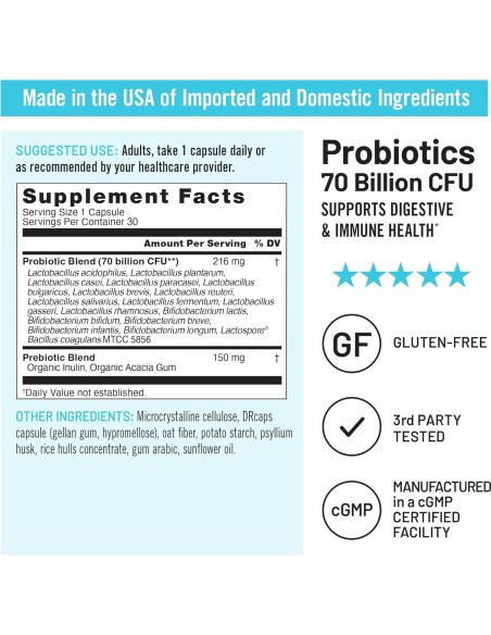 NatureWise Probióticos 70 Mil Millones CFU - 17 Cepas + Prebióticos - 30 Cápsulas
